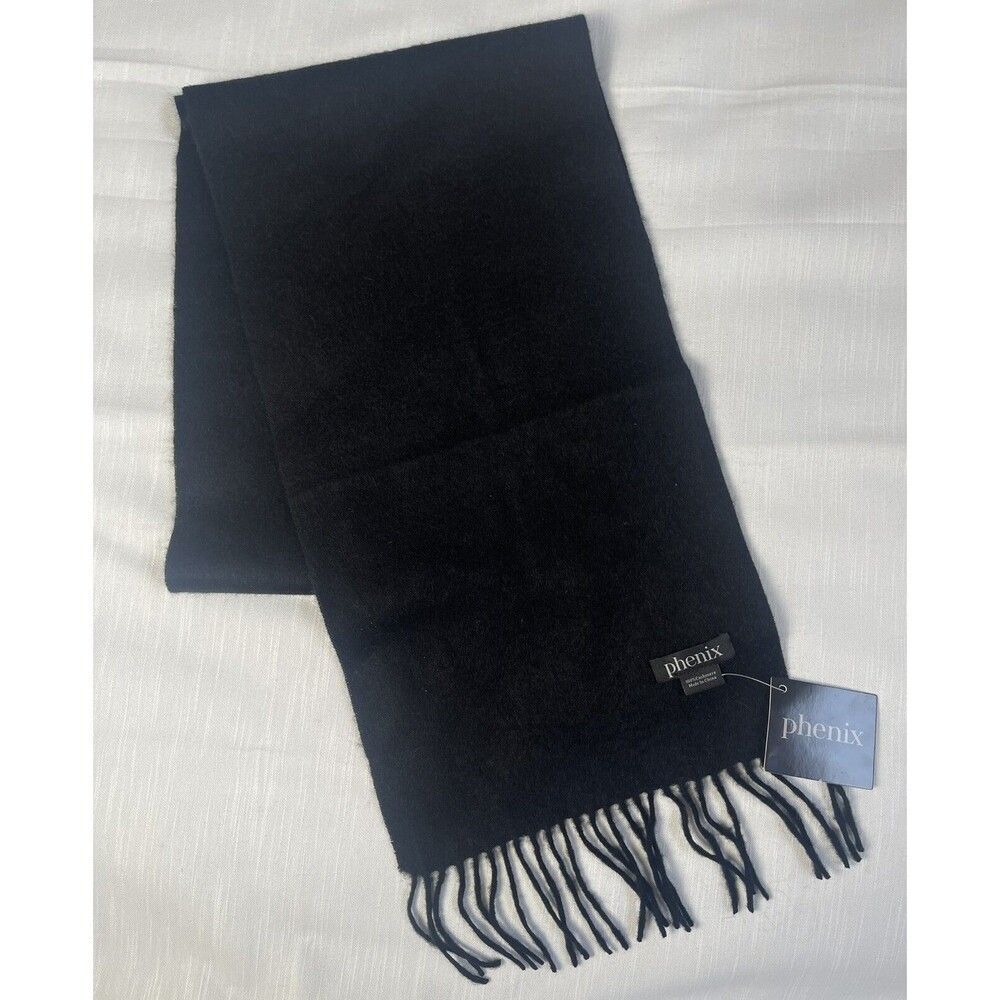 Phenix Black 100% Cashmere Fringe Lightweight Scarf 74”x11” Unisex New